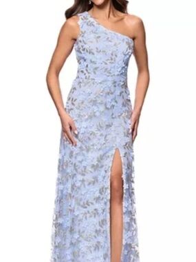 Xscape One-Shoulder Soft Blue Embroidered Evening Gown - NWT